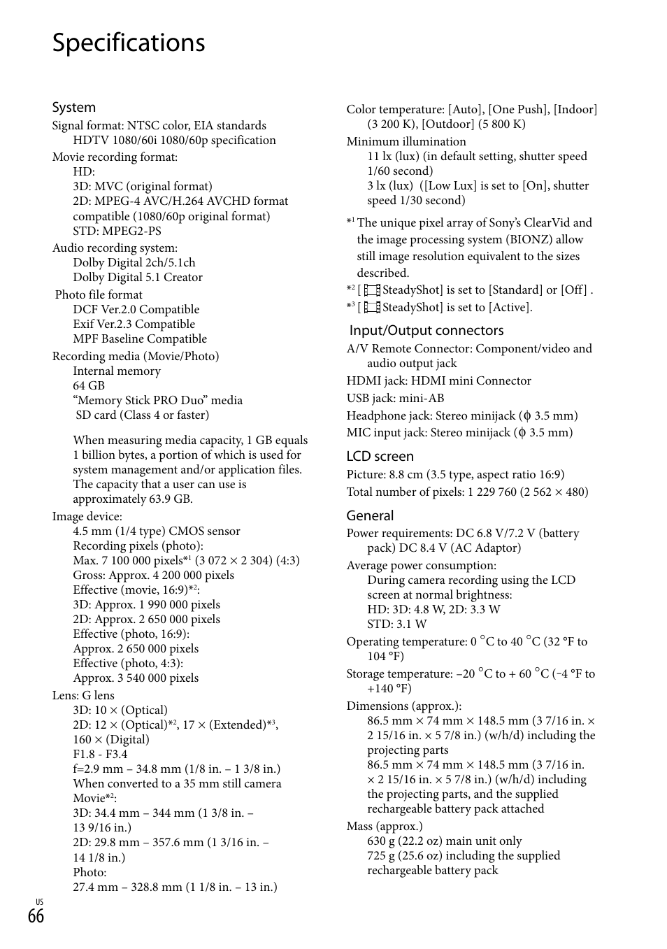 Specifications, System, Input/output connectors | Lcd screen, General | Sony HDR-TD10 User Manual | Page 66 / 142