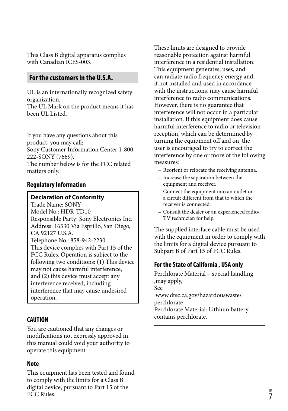 For the customers in the u.s.a | Sony HDR-TD10 User Manual | Page 7 / 142