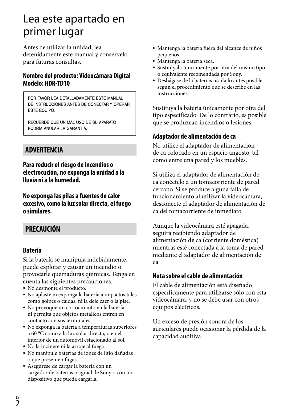 Lea este apartado en primer lugar, Advertencia, Precaución | Sony HDR-TD10 User Manual | Page 74 / 142