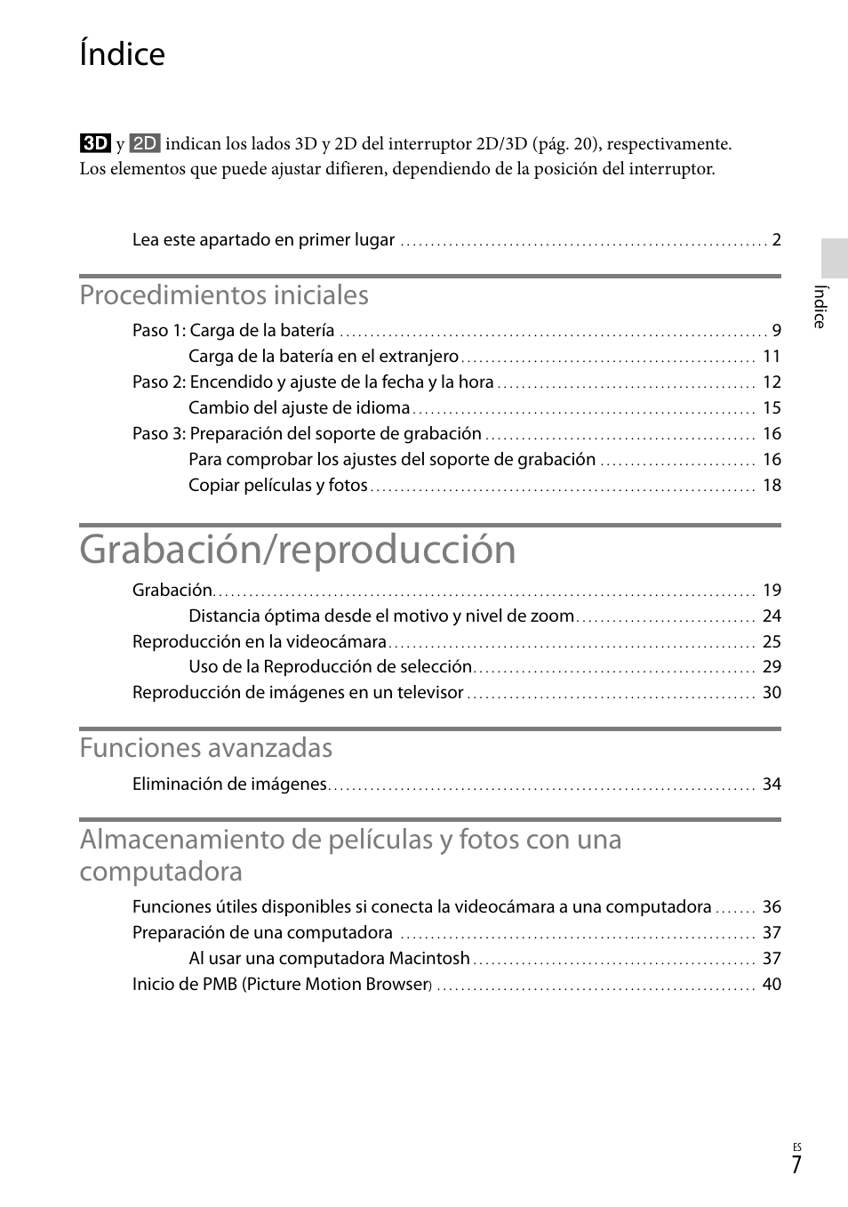 Índice, Grabación/reproducción, Procedimientos iniciales | Funciones avanzadas | Sony HDR-TD10 User Manual | Page 79 / 142