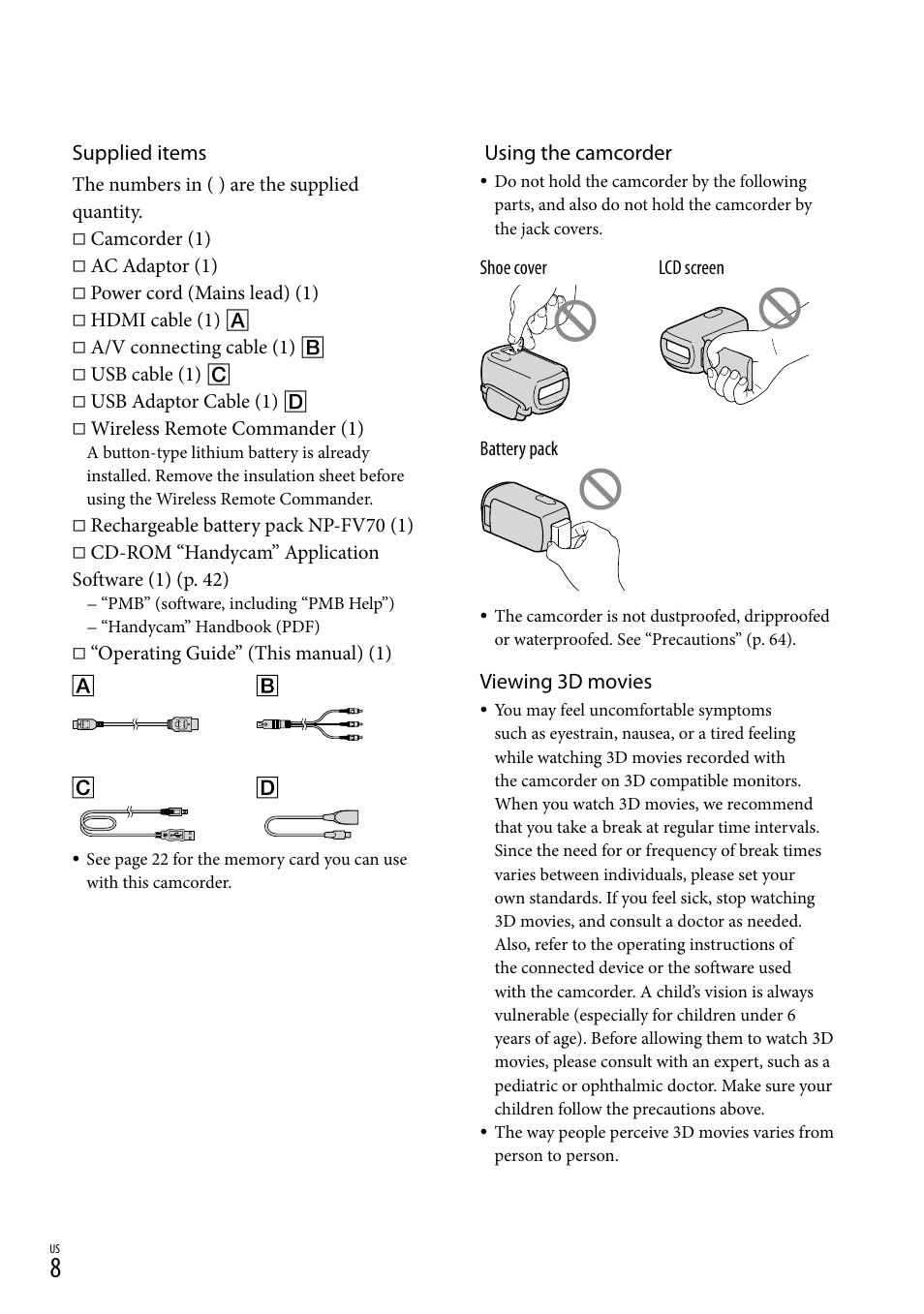 Supplied items, Using the camcorder, Viewing 3d movies | Sony HDR-TD10 User Manual | Page 8 / 142