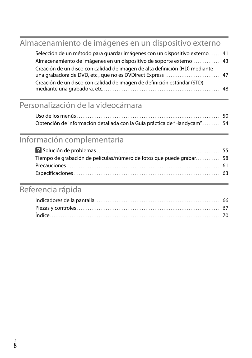 Personalización de la videocámara, Información complementaria, Referencia rápida | Sony HDR-TD10 User Manual | Page 80 / 142