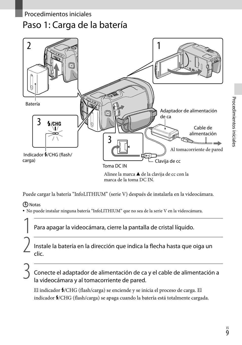 Procedimientos iniciales, Paso 1: carga de la batería | Sony HDR-TD10 User Manual | Page 81 / 142