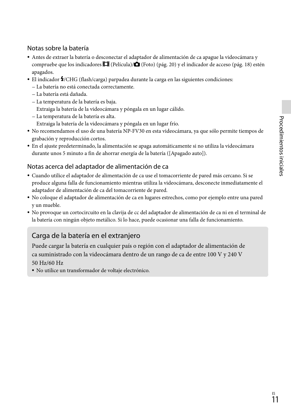 Carga de la batería en el extranjero, Notas sobre la batería, Notas acerca del adaptador de alimentación de ca | Sony HDR-TD10 User Manual | Page 83 / 142