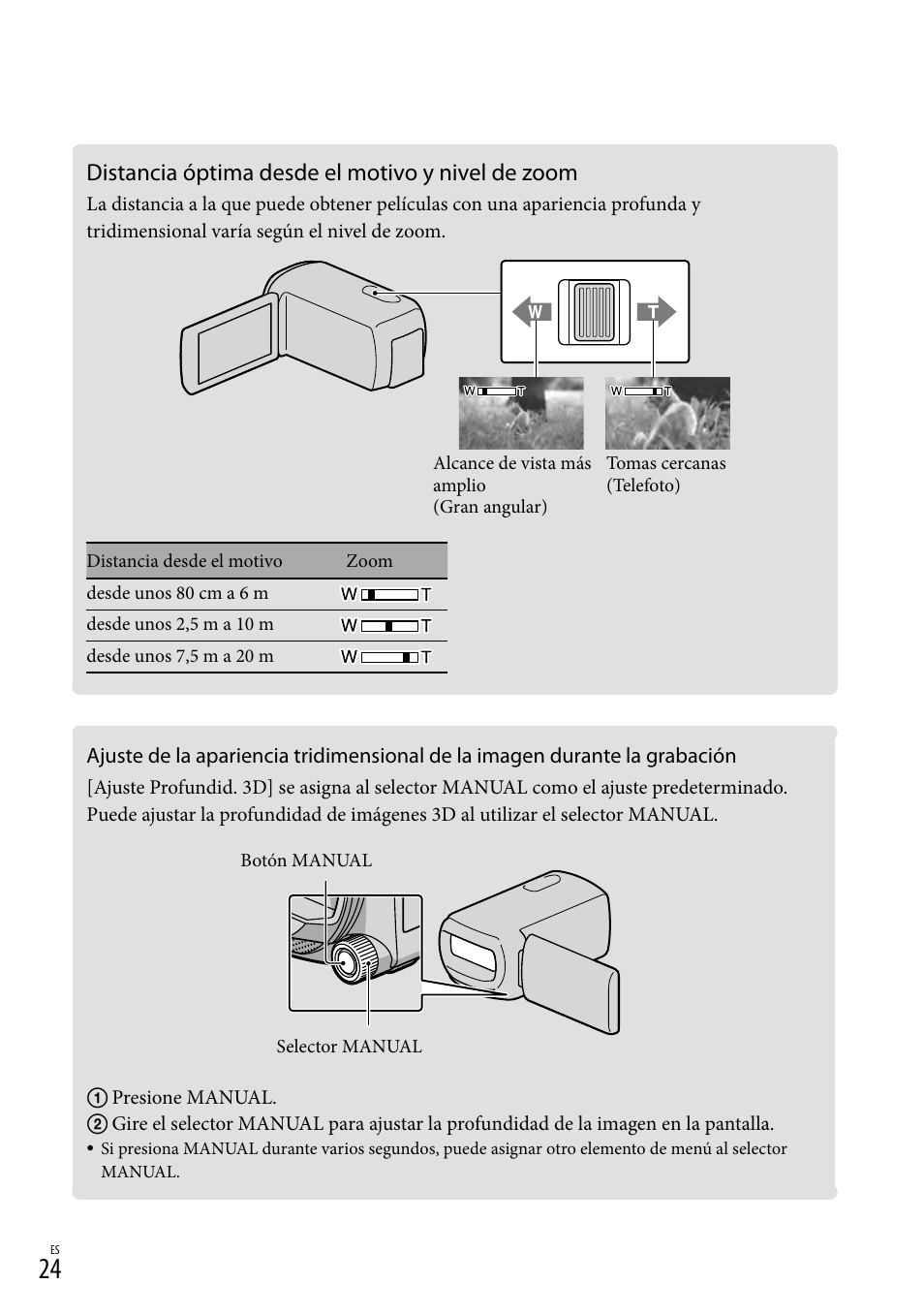 Distancia óptima desde el motivo y nivel de zoom | Sony HDR-TD10 User Manual | Page 96 / 142