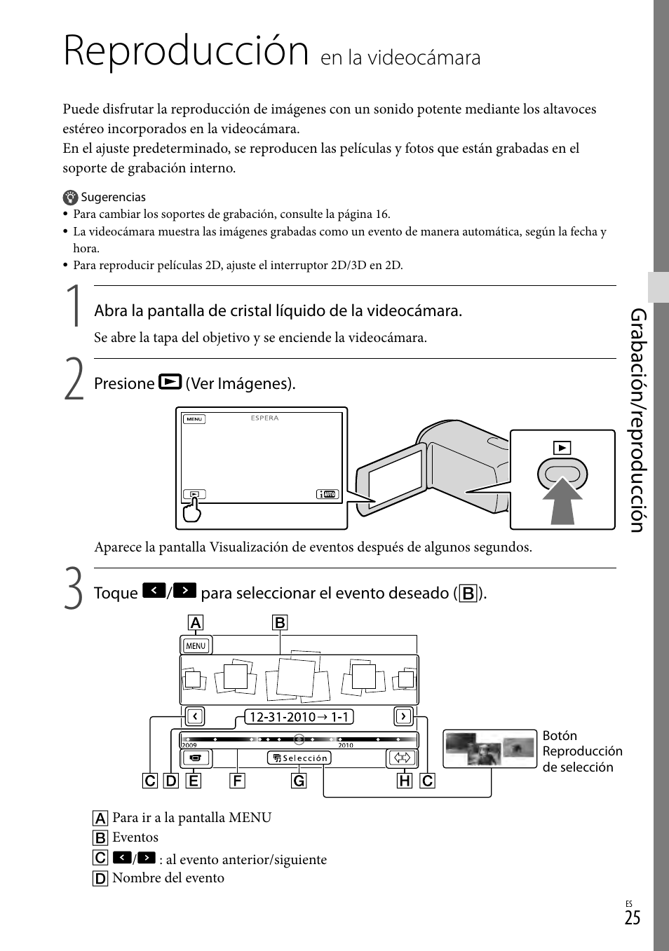 Reproducción en la videocámara, Reproducción, Gr abación/r epr oduc ción | En.la.videocámara | Sony HDR-TD10 User Manual | Page 97 / 142