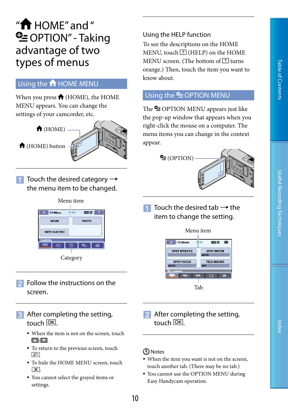 Using the home menu, Using the option menu, Using the home menu using the option menu | Ouch panel (10, 33), On (10), N (10) | Sony HDR-CX100 User Manual | Page 10 / 113