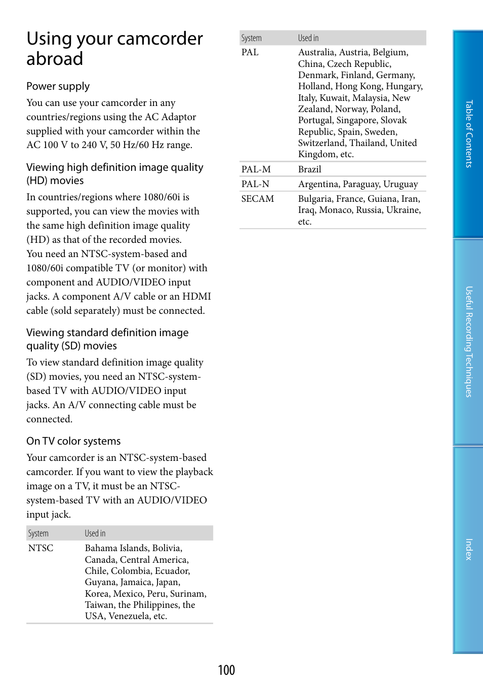 Using your camcorder abroad | Sony HDR-CX100 User Manual | Page 100 / 113