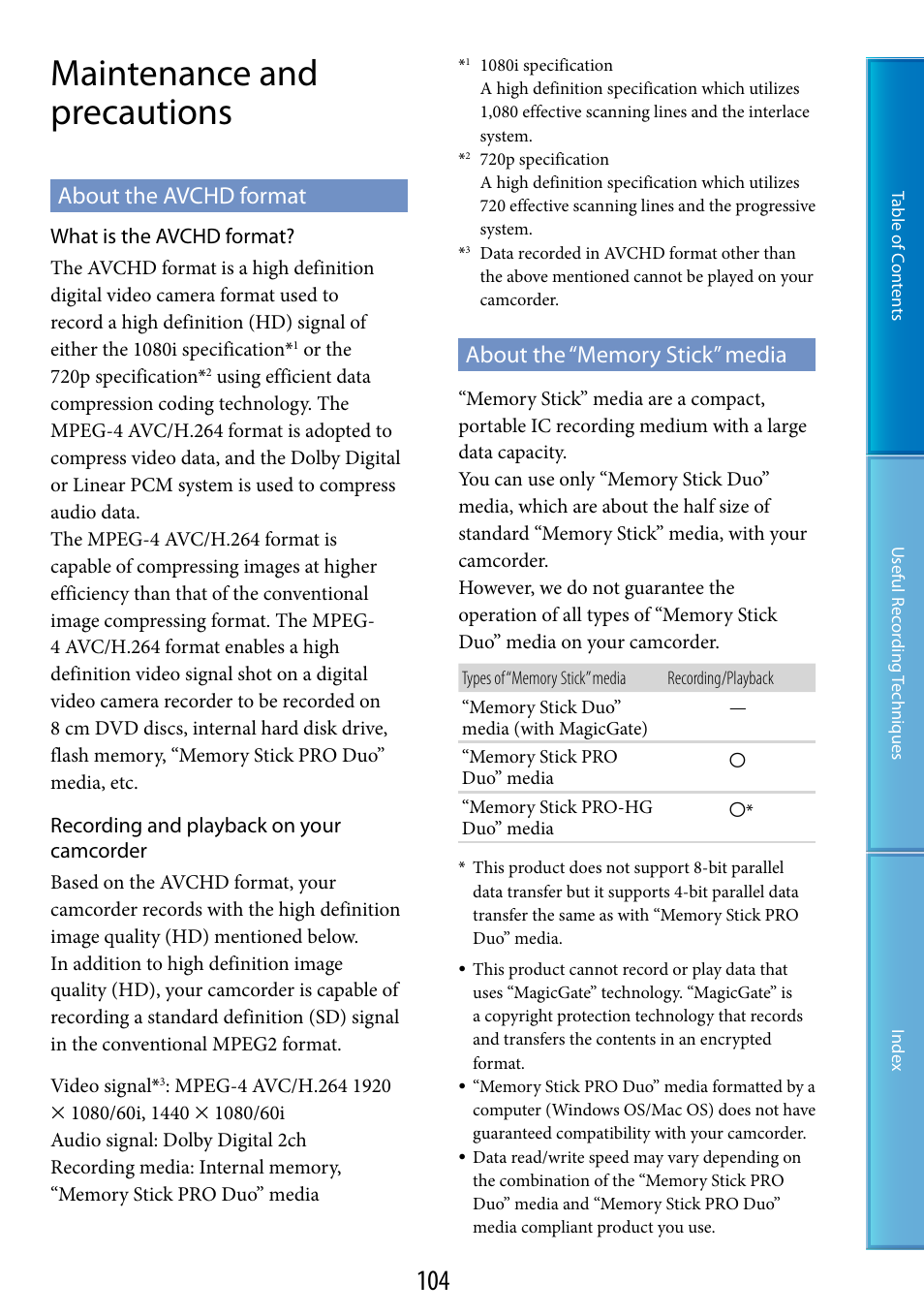 Maintenance and precautions, About the avchd format, About the “memory stick” media | Sony HDR-CX100 User Manual | Page 104 / 113