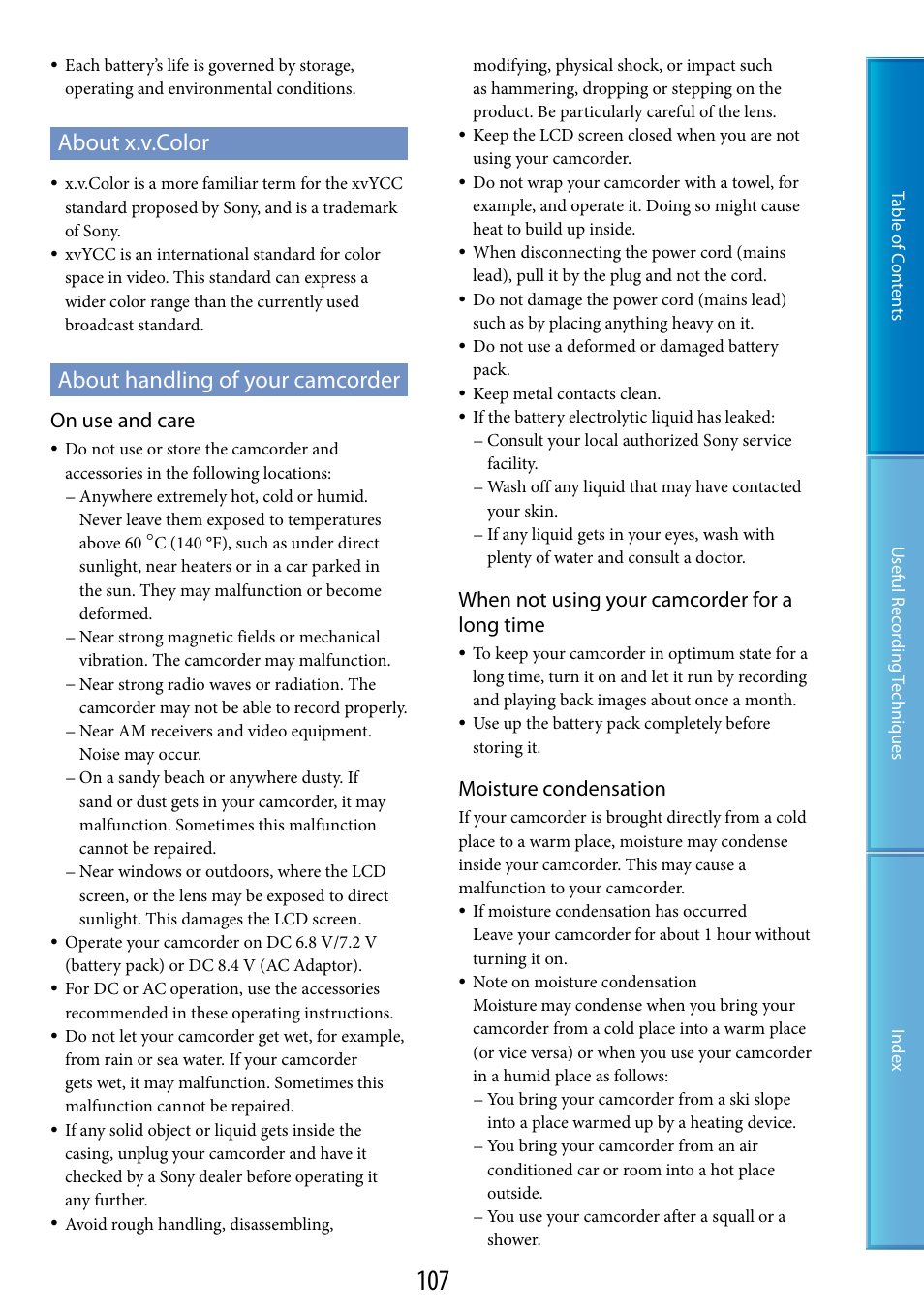 About x.v.color, About handling of your camcorder, About x.v.color about handling of your camcorder | E “about handling of your, Camcorder, On use and care, When not using your camcorder for a long time, Moisture condensation | Sony HDR-CX100 User Manual | Page 107 / 113