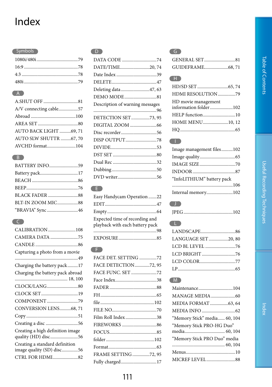 Index | Sony HDR-CX100 User Manual | Page 111 / 113