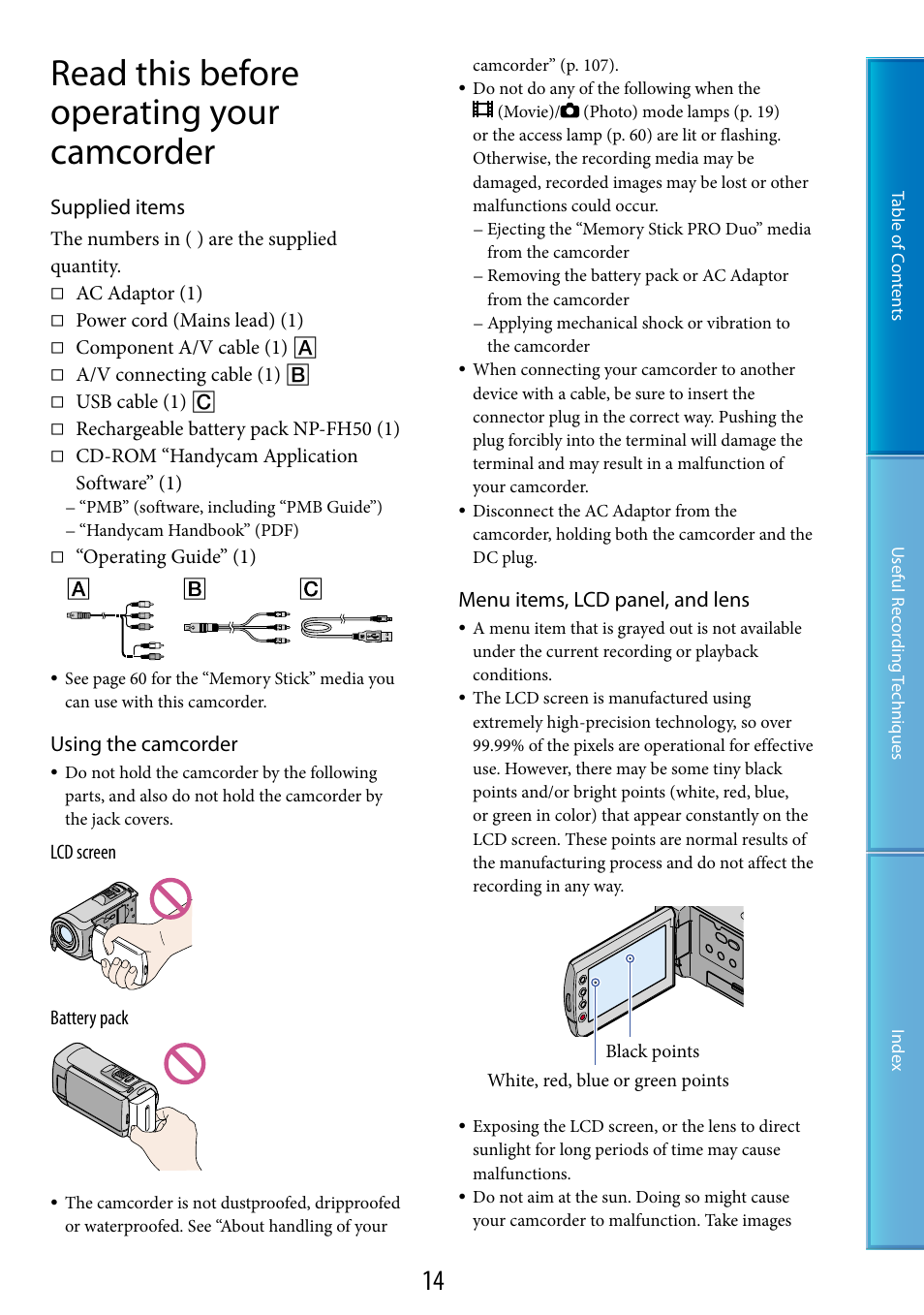 Read this before operating your camcorder, Supplied items, Using the camcorder | Menu items, lcd panel, and lens | Sony HDR-CX100 User Manual | Page 14 / 113