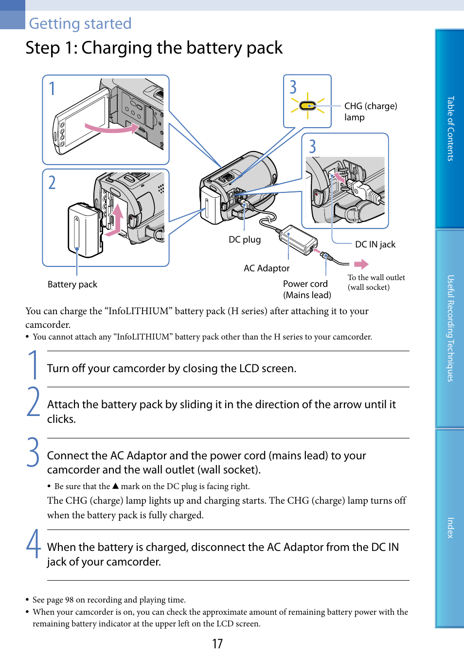 Getting started, Step 1: charging the battery pack, Y pack (17) | Ge) lamp (17), Dc in jack (17) | Sony HDR-CX100 User Manual | Page 17 / 113