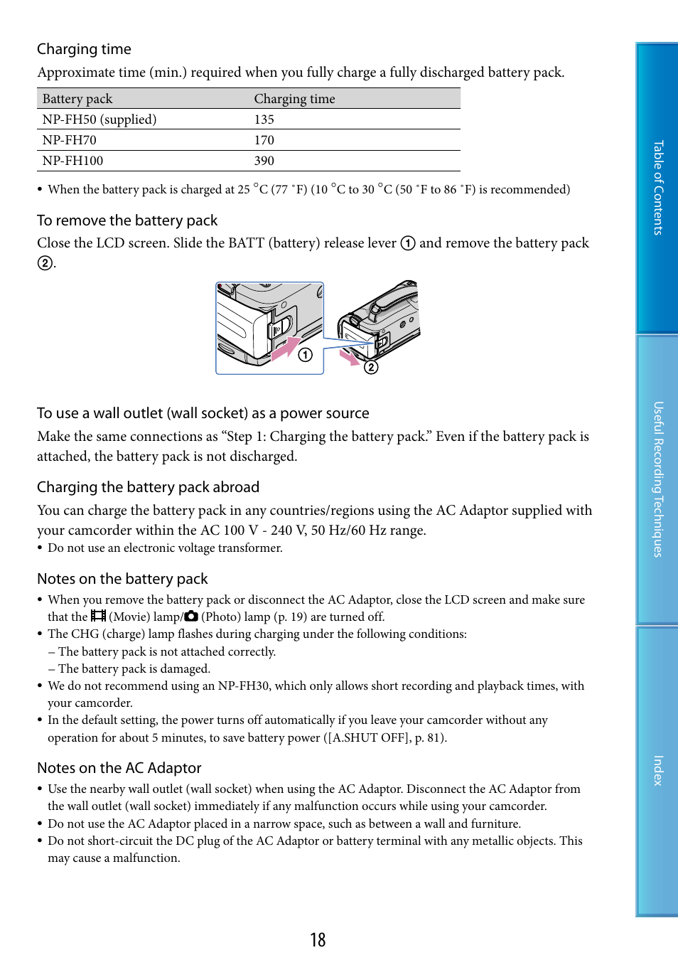 Er (18), Charging time, Charging the battery pack abroad | Sony HDR-CX100 User Manual | Page 18 / 113