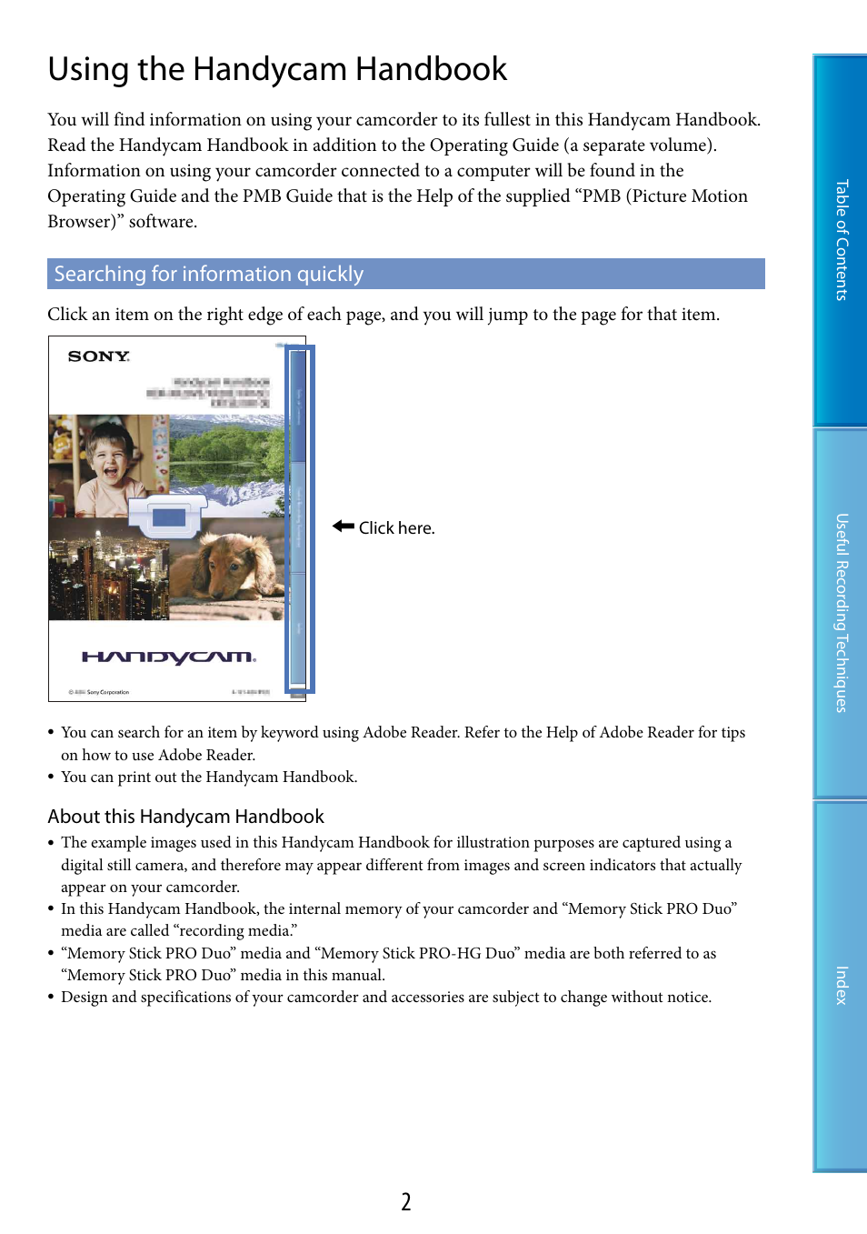 Using the handycam handbook, Searching for information quickly | Sony HDR-CX100 User Manual | Page 2 / 113