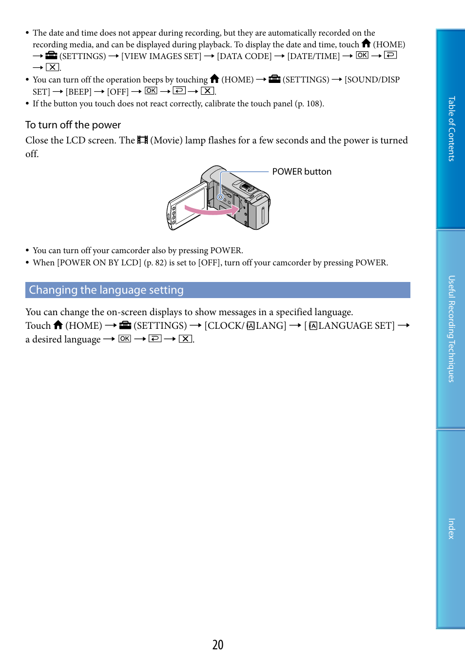 Changing the language setting | Sony HDR-CX100 User Manual | Page 20 / 113