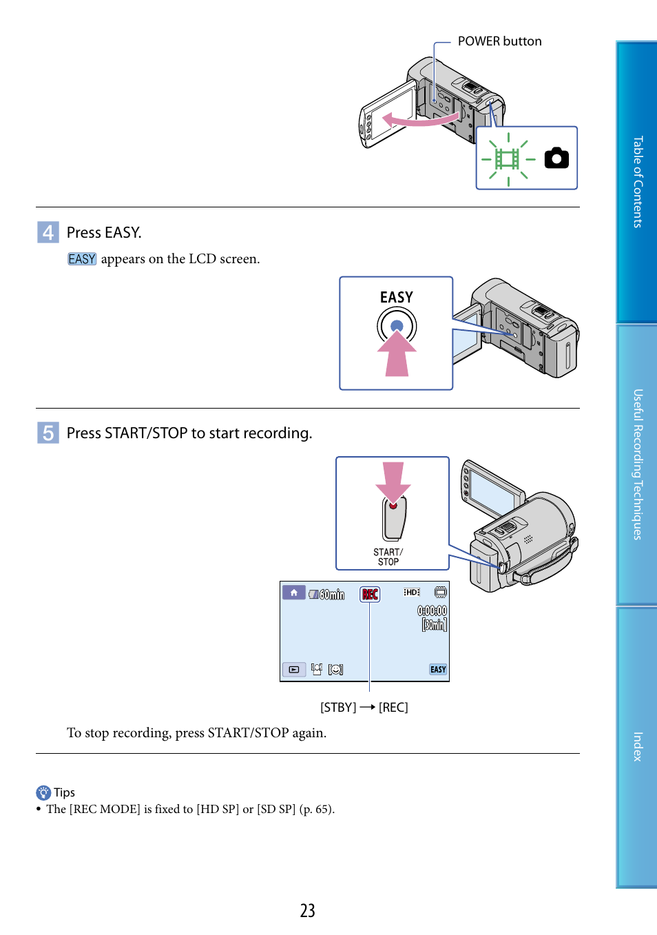 On (23, 29), S (23, 29), E (23, 28) | Sony HDR-CX100 User Manual | Page 23 / 113