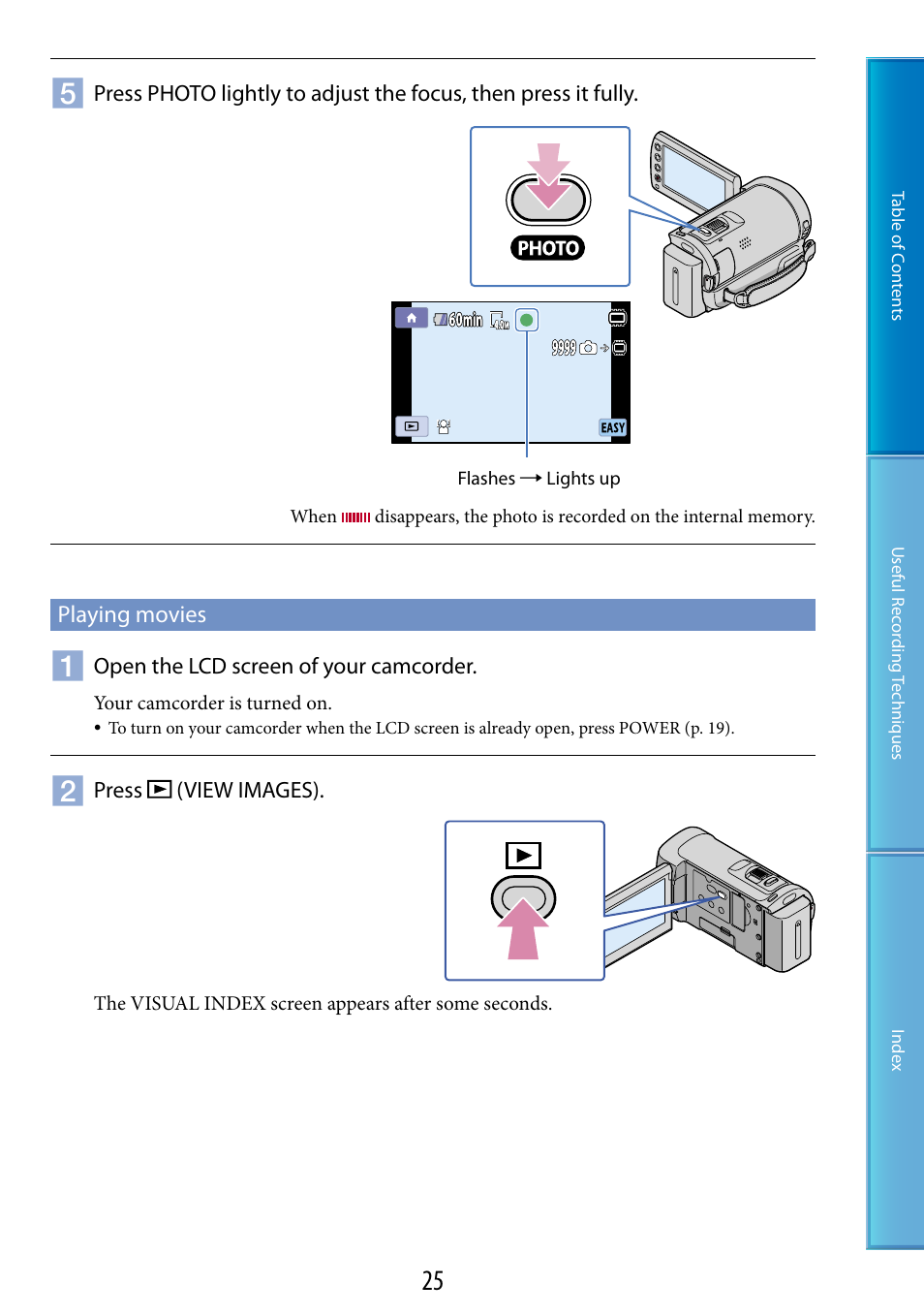 Playing movies, On (25, 35), On (25, 31) | Sony HDR-CX100 User Manual | Page 25 / 113