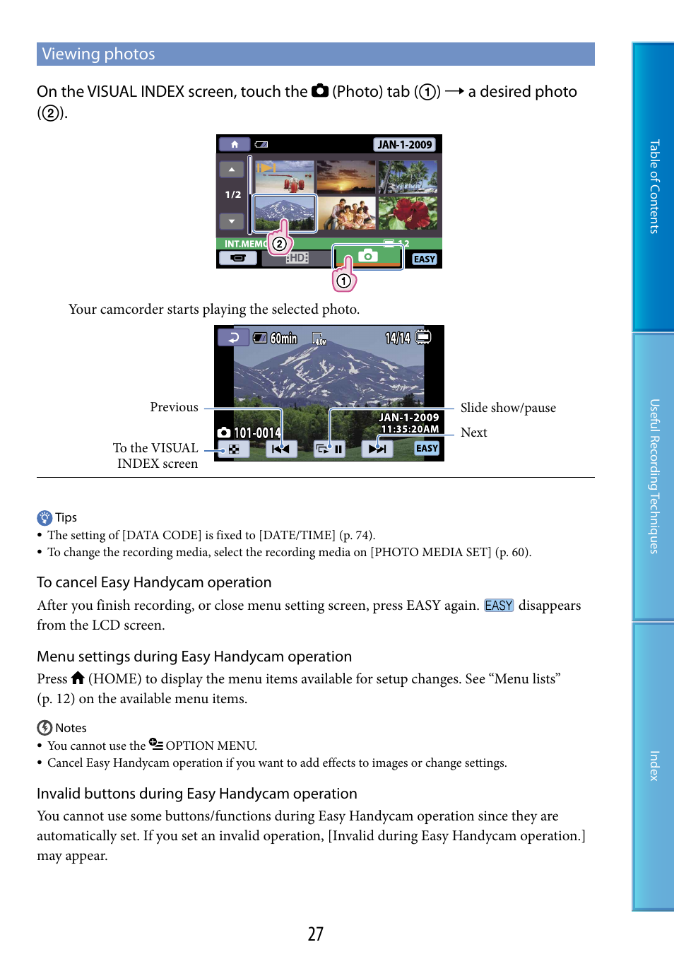 Viewing photos, E (27, 36) | Sony HDR-CX100 User Manual | Page 27 / 113