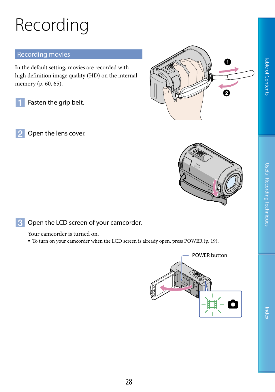 Recording, Recording movies | Sony HDR-CX100 User Manual | Page 28 / 113