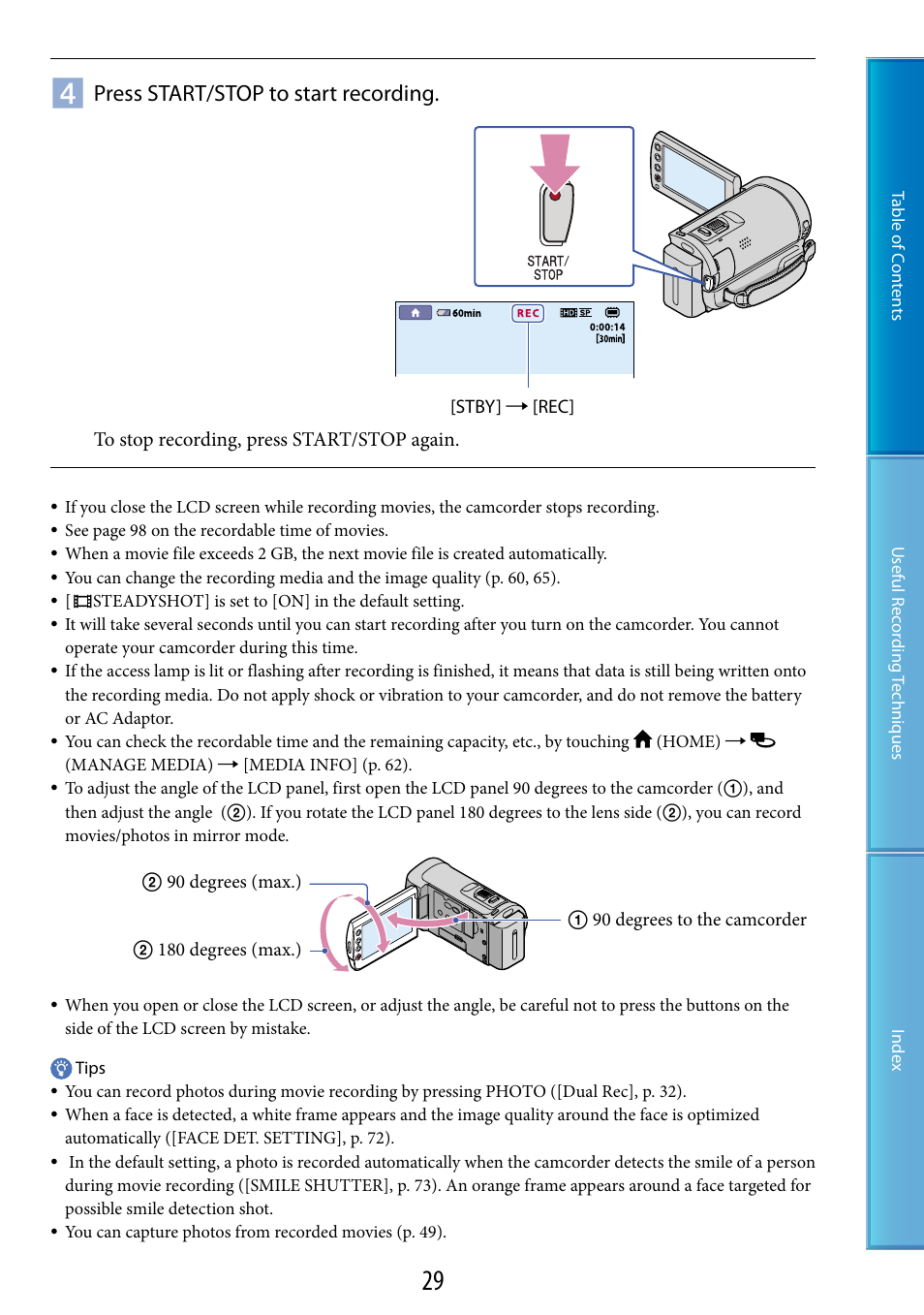 Press start/stop to start recording | Sony HDR-CX100 User Manual | Page 29 / 113