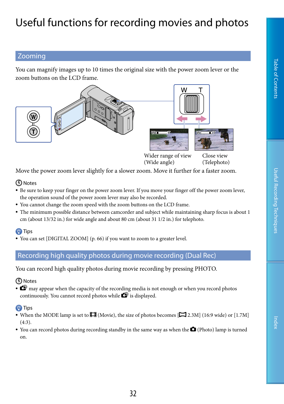 Useful functions for recording movies and photos, Zooming, Ons (32, 40) | Er (32, 40) | Sony HDR-CX100 User Manual | Page 32 / 113