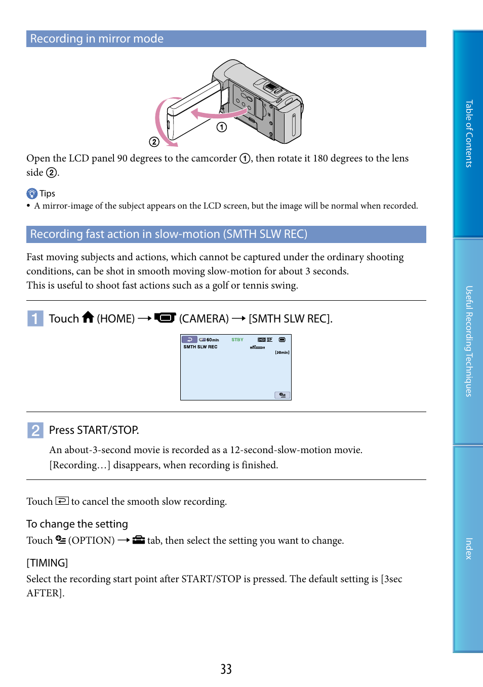 Recording in mirror mode | Sony HDR-CX100 User Manual | Page 33 / 113