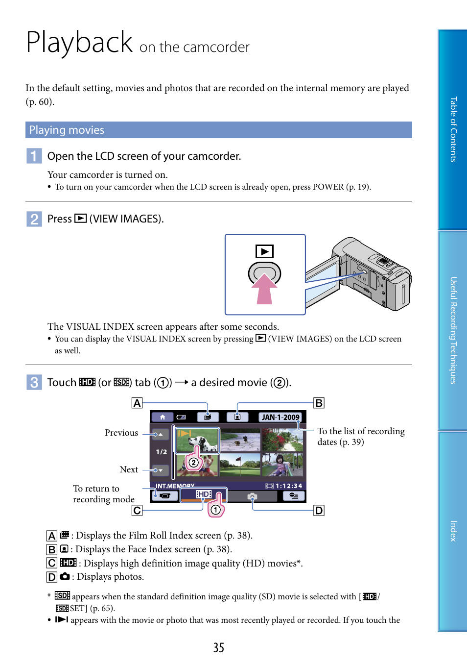 Playback on the camcorder, Playing movies, Playback | On.the.camcorder | Sony HDR-CX100 User Manual | Page 35 / 113