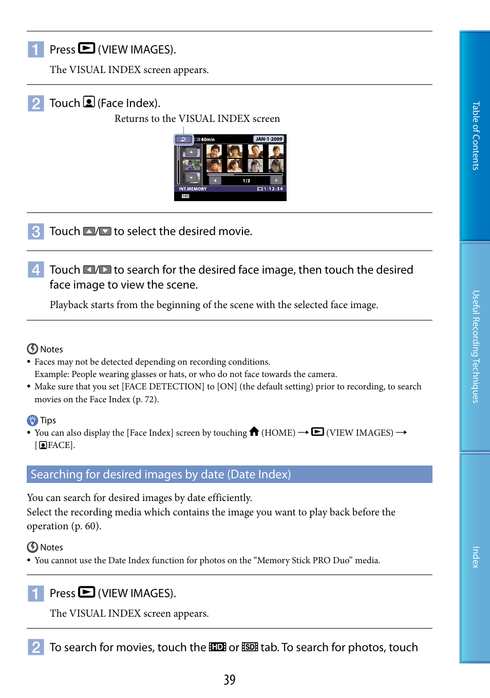 Searching for desired images by date (date index) | Sony HDR-CX100 User Manual | Page 39 / 113
