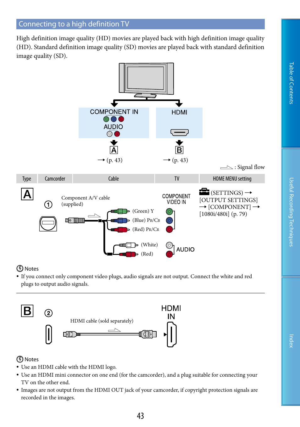 Connecting to a high definition tv, Hdmi out (mini) jack (43) | Sony HDR-CX100 User Manual | Page 43 / 113
