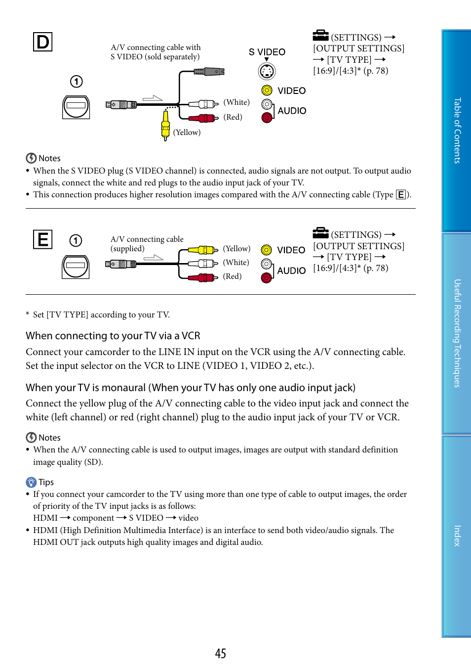 When connecting to your tv via a vcr | Sony HDR-CX100 User Manual | Page 45 / 113