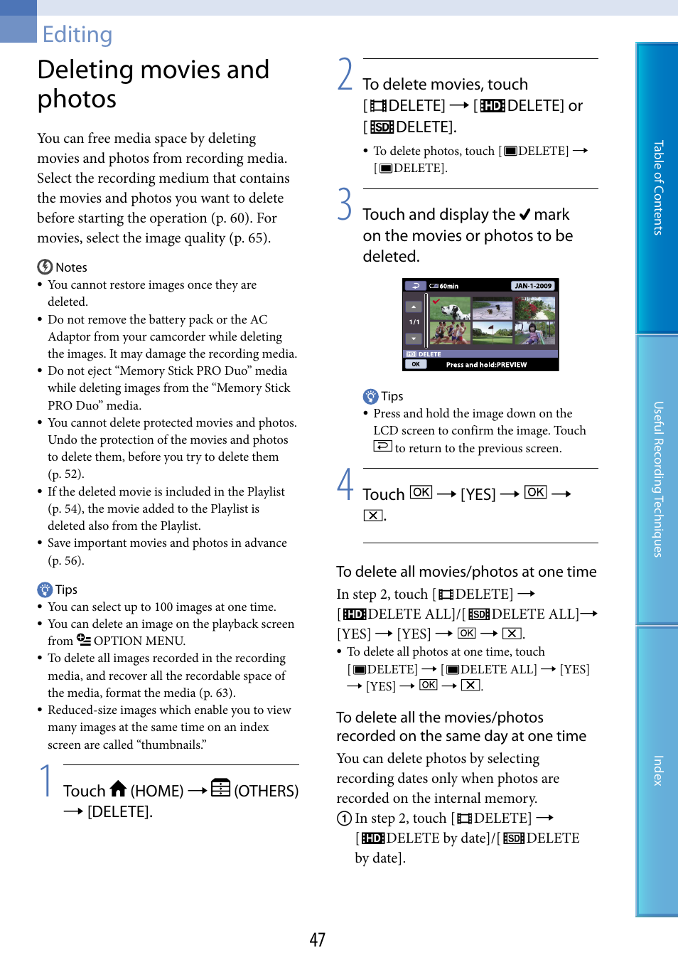 Editing, Deleting movies and photos | Sony HDR-CX100 User Manual | Page 47 / 113