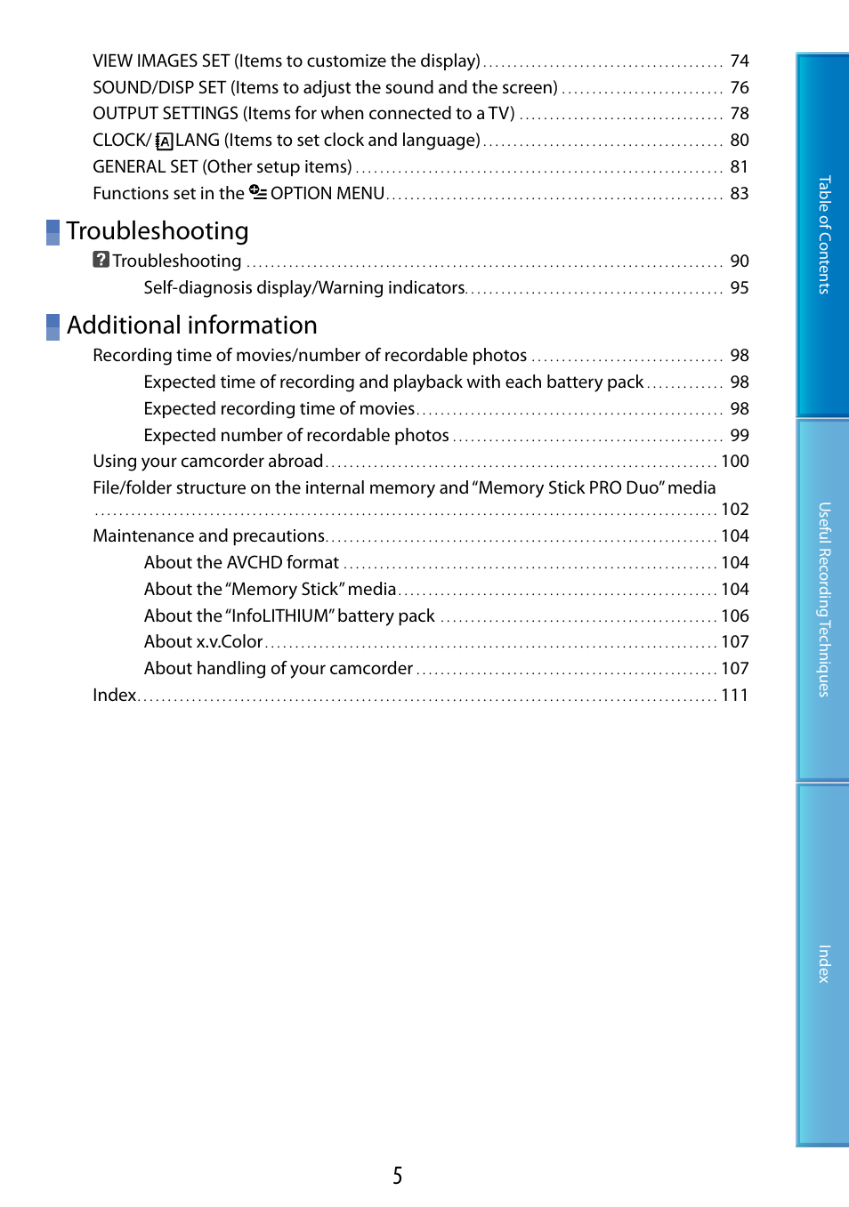 Troubleshooting, Additional information | Sony HDR-CX100 User Manual | Page 5 / 113