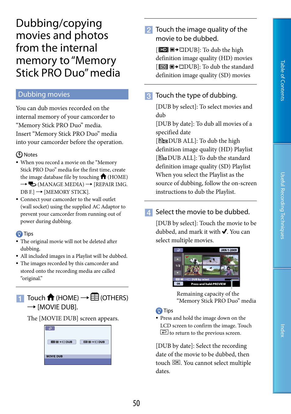 Dubbing movies, Memory stick pro duo” media | Sony HDR-CX100 User Manual | Page 50 / 113