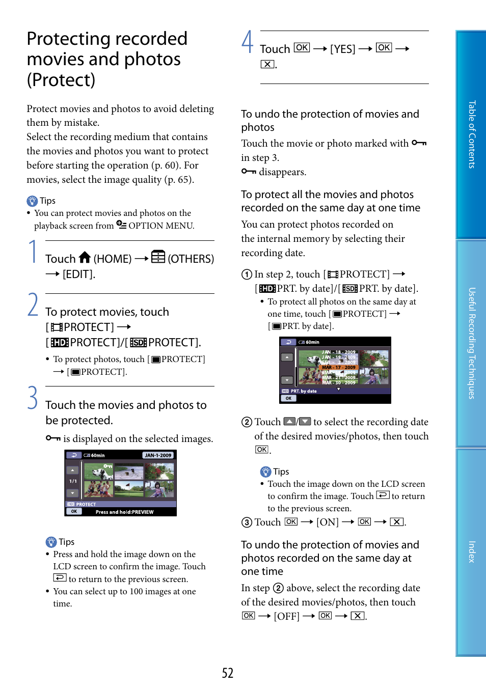 Protecting recorded movies and photos (protect), E (52) | Sony HDR-CX100 User Manual | Page 52 / 113