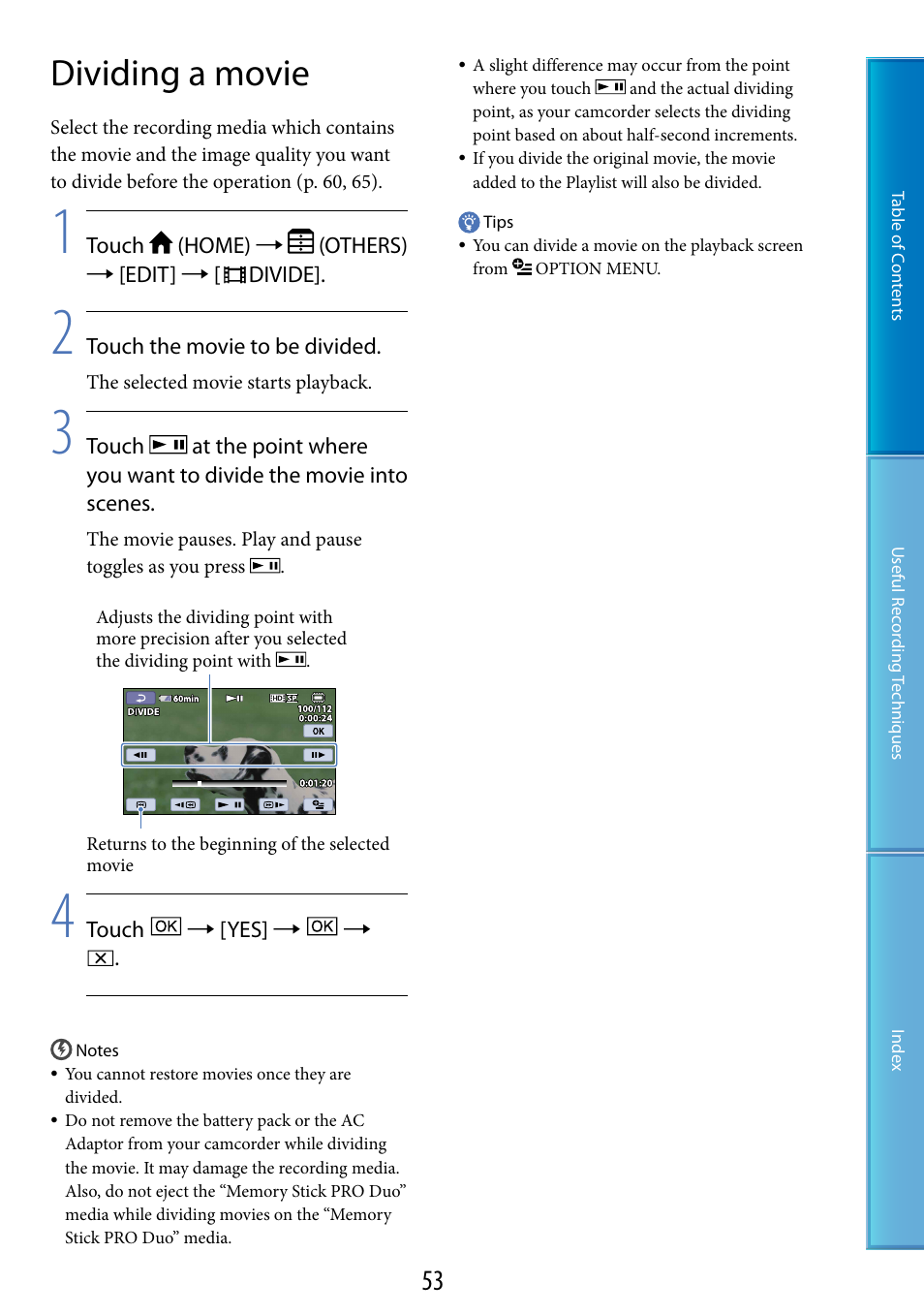 Dividing a movie | Sony HDR-CX100 User Manual | Page 53 / 113