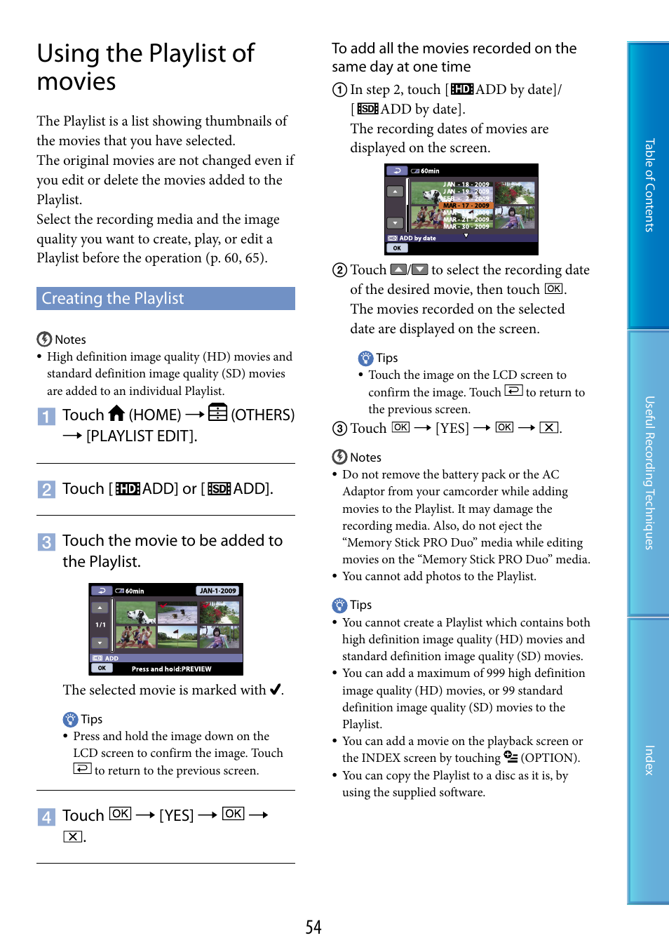 Using the playlist of movies, Creating the playlist, 54), t | Touch  [yes | Sony HDR-CX100 User Manual | Page 54 / 113