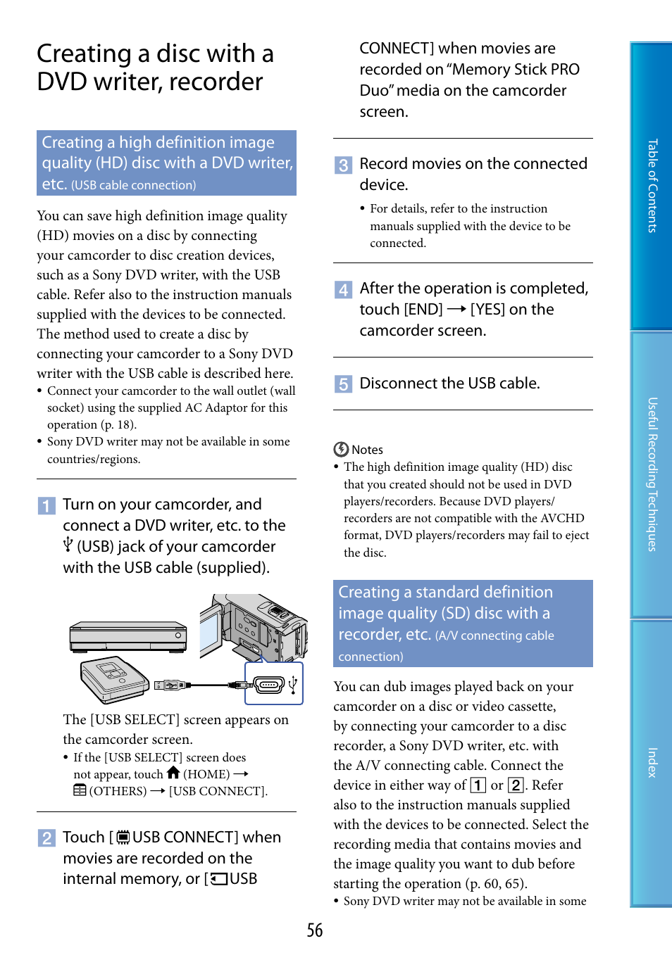 Creating a disc with a dvd writer, recorder, A/v connecting cable connection), Usb) jack (56) | Sony HDR-CX100 User Manual | Page 56 / 113