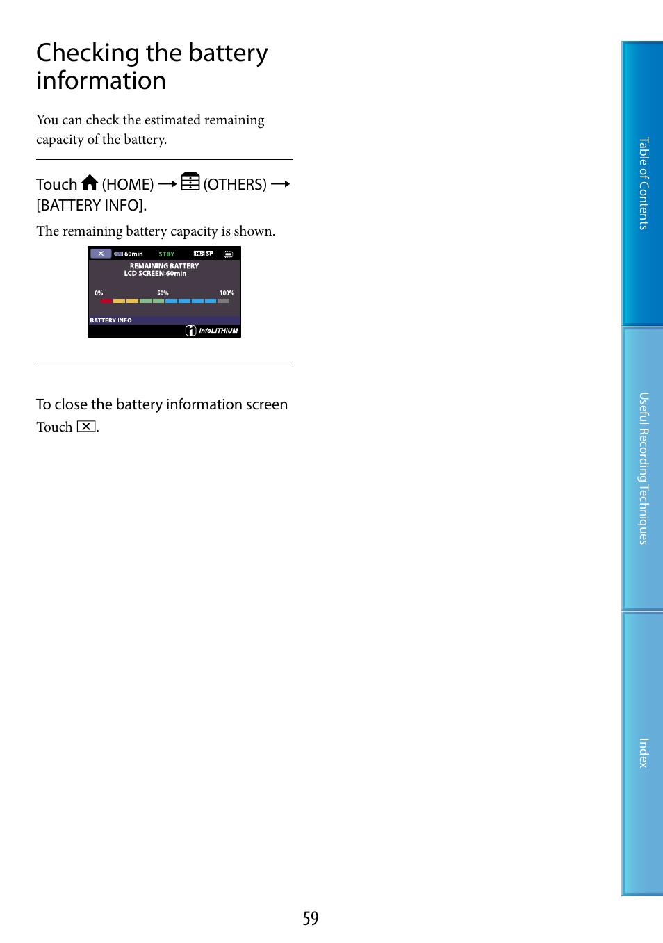 Checking the battery information | Sony HDR-CX100 User Manual | Page 59 / 113