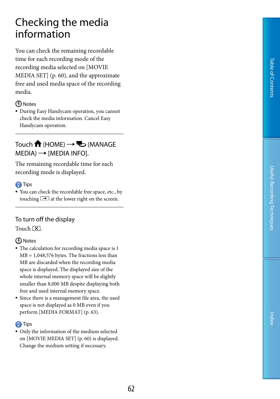 Checking the media information, Touch (home)  (manage media)  [media info | Sony HDR-CX100 User Manual | Page 62 / 113