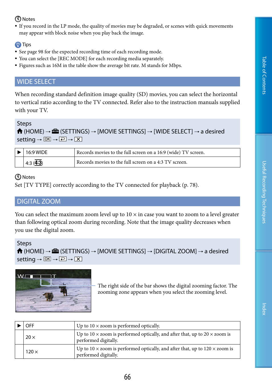 Elect (66), Wide select, Digital zoom | Sony HDR-CX100 User Manual | Page 66 / 113