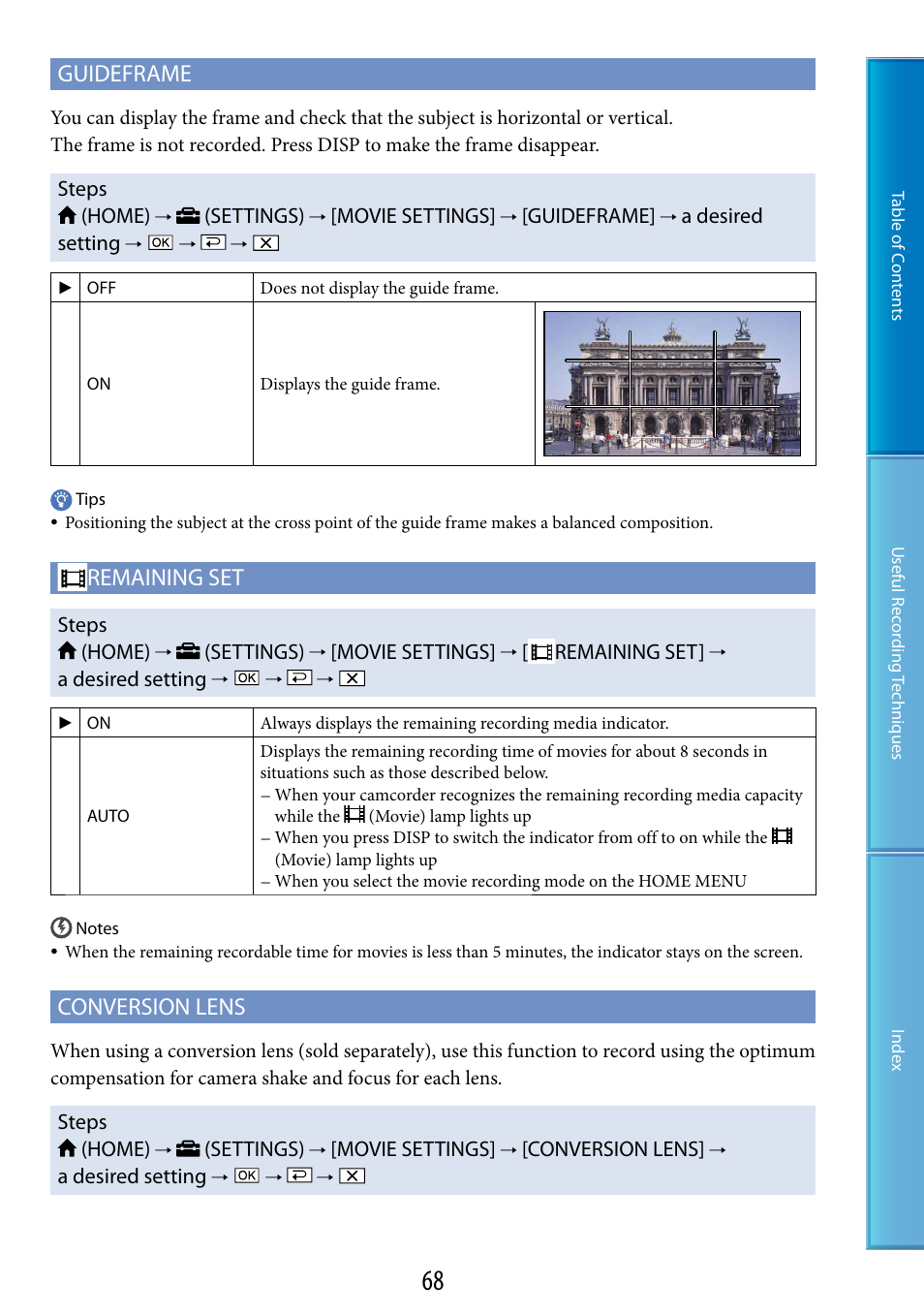 Guideframe, Remaining set, Conversion lens | Sony HDR-CX100 User Manual | Page 68 / 113