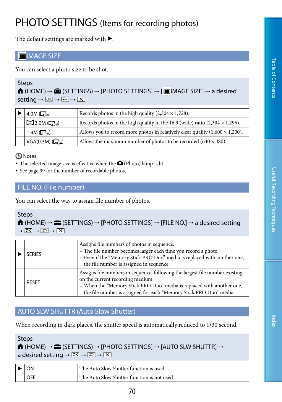 Photo settings (items for recording photos), O size (70), Photo settings | Items for recording photos), Image size, File no. (file number), Auto slw shuttr (auto slow shutter) | Sony HDR-CX100 User Manual | Page 70 / 113