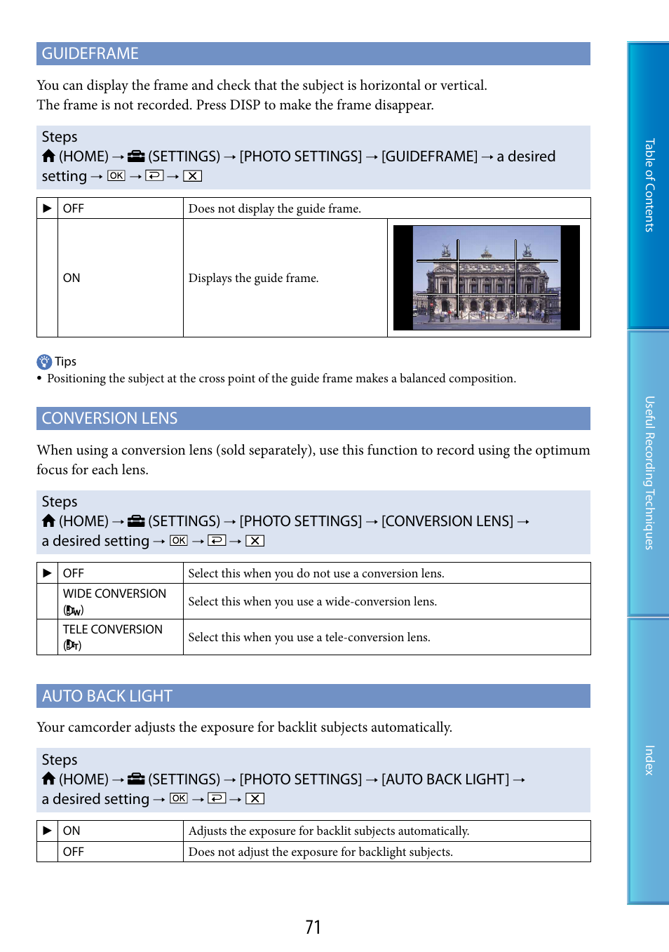 Guideframe, Conversion lens, Auto back light | Sony HDR-CX100 User Manual | Page 71 / 113