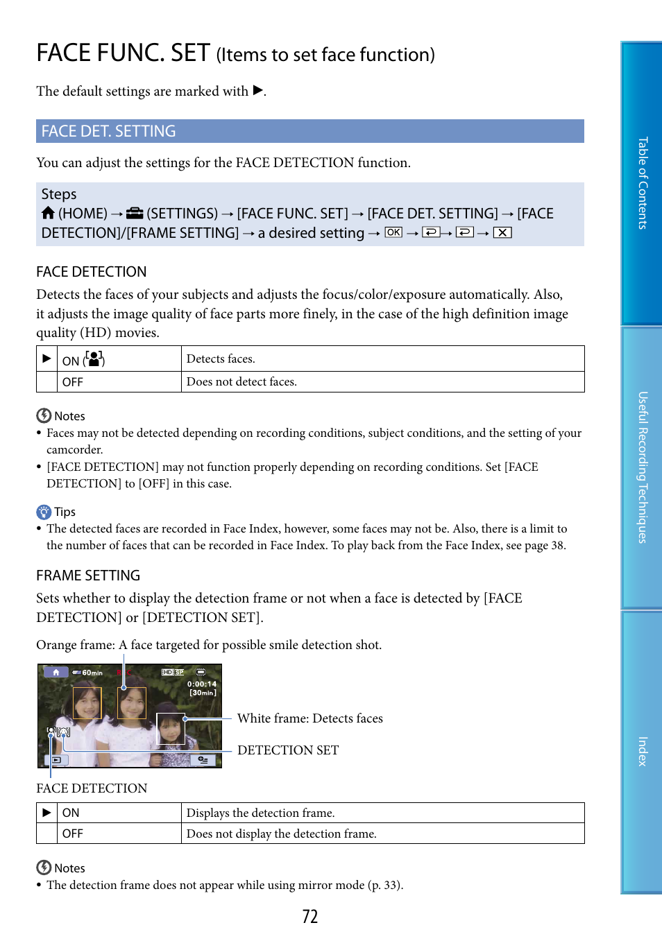 Face func. set (items to set face function), N (72), Face func. set | Items to set face function), Face det. setting | Sony HDR-CX100 User Manual | Page 72 / 113