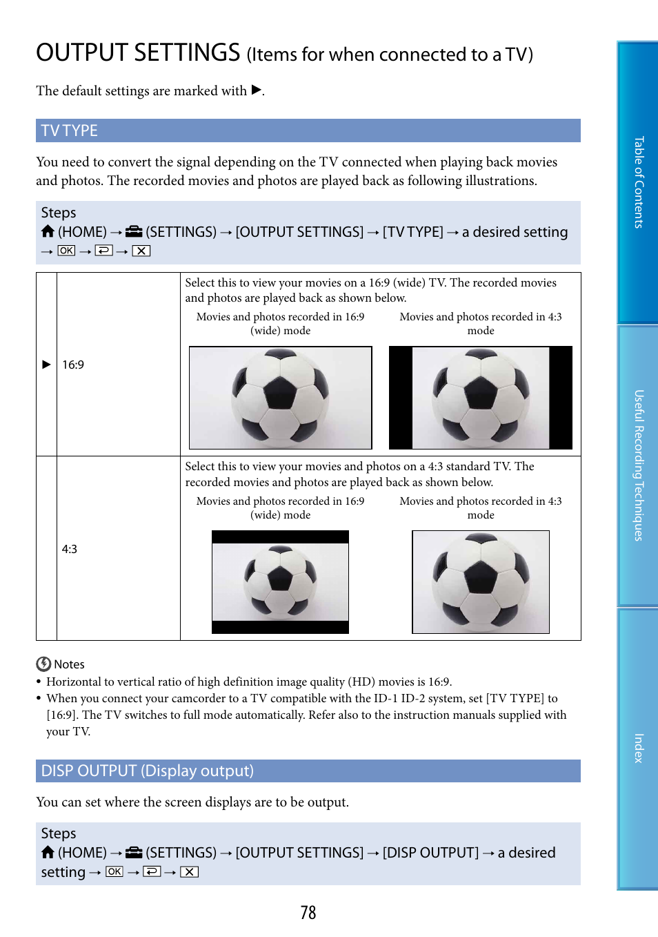Output settings (items for when connected to a tv), Output settings, Items for when connected to a tv) | Tv type, Disp output (display output) | Sony HDR-CX100 User Manual | Page 78 / 113