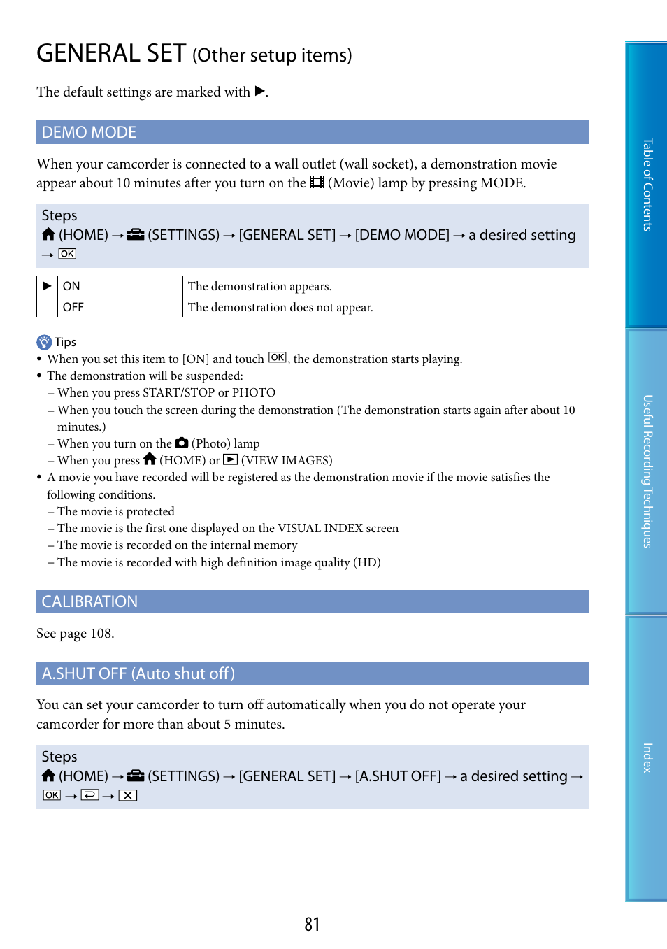 General set (other setup items), General set, Other setup items) | Demo mode, Calibration, A.shut off (auto shut off) | Sony HDR-CX100 User Manual | Page 81 / 113