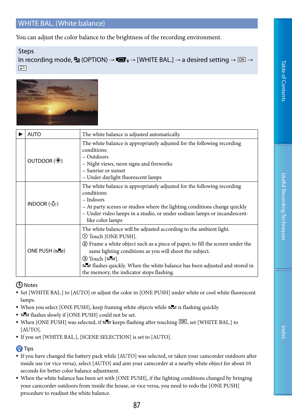 Ce (87), White bal. (white balance), Steps in recording mode, (option) | White bal, A desired setting | Sony HDR-CX100 User Manual | Page 87 / 113