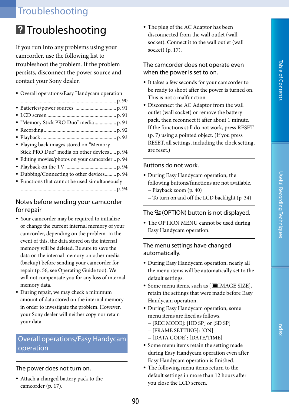 Troubleshooting, Overall operations/easy handycam operation | Sony HDR-CX100 User Manual | Page 90 / 113