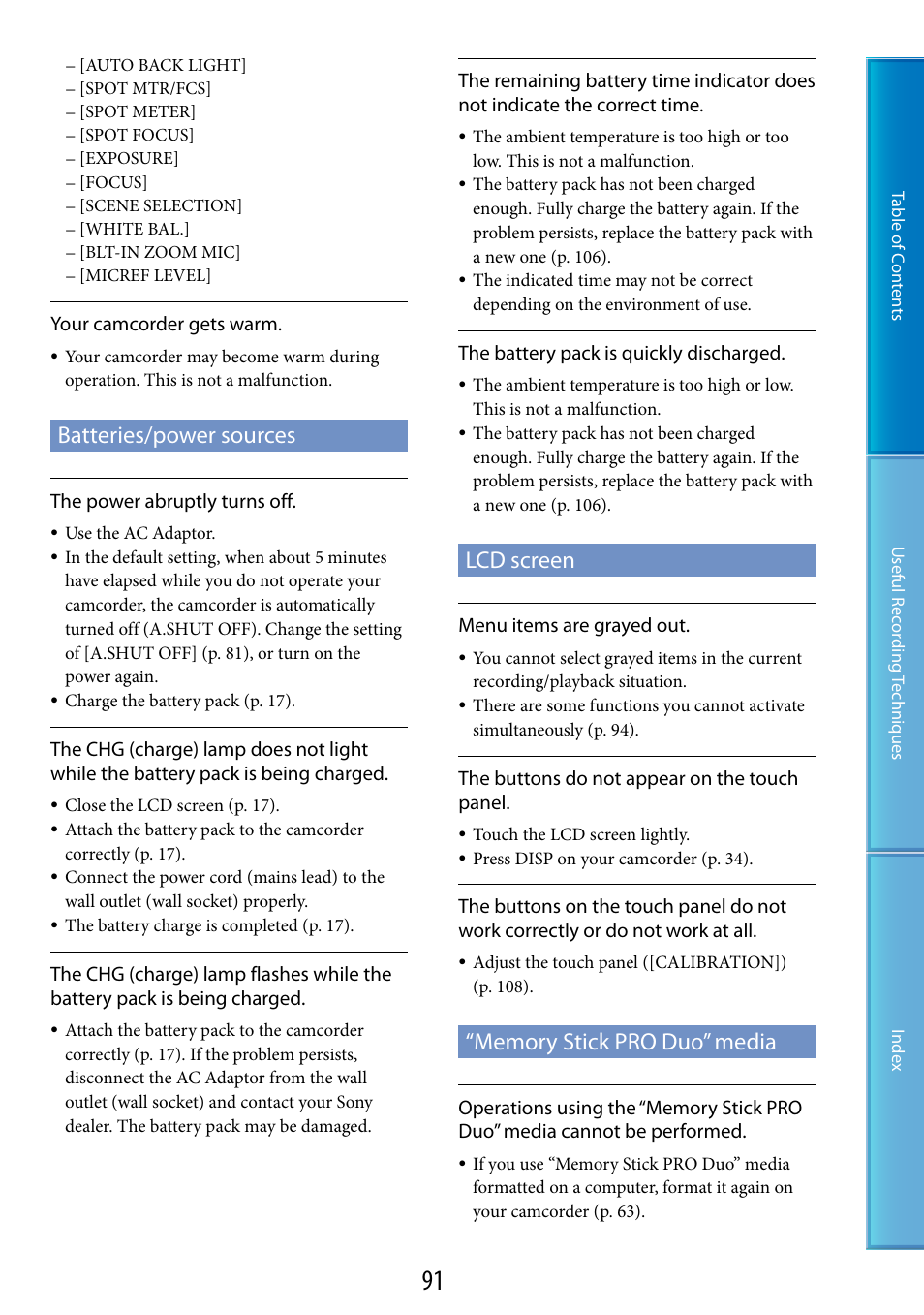 Batteries/power sources, Lcd screen, Memory stick pro duo” media | Sony HDR-CX100 User Manual | Page 91 / 113